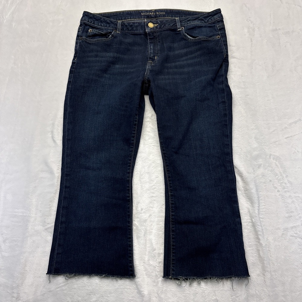Michael Kors Bootcut Jeans Women 12P Dark Wash Stretch Raw Hem Crop